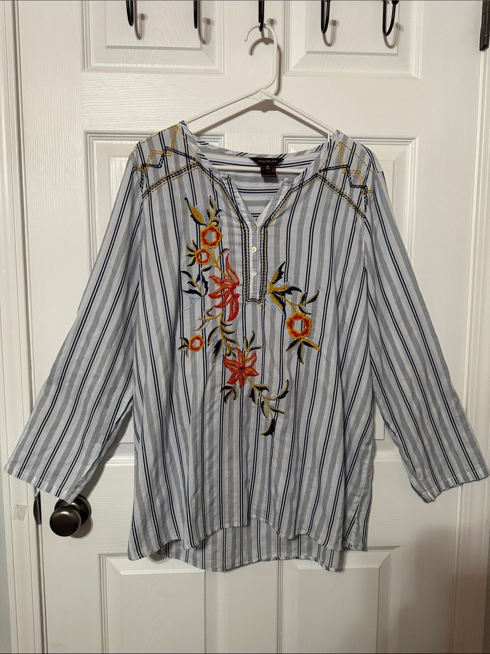 Multiples Blue & White Striped Blouse with Floral Embroidery
